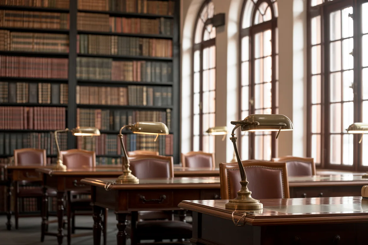 Vintage scholarly library reading room with sunlight