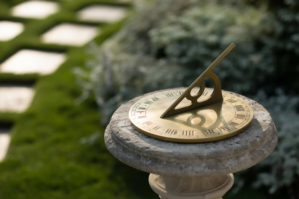 Ornate brass sundial in a sunlit garden
