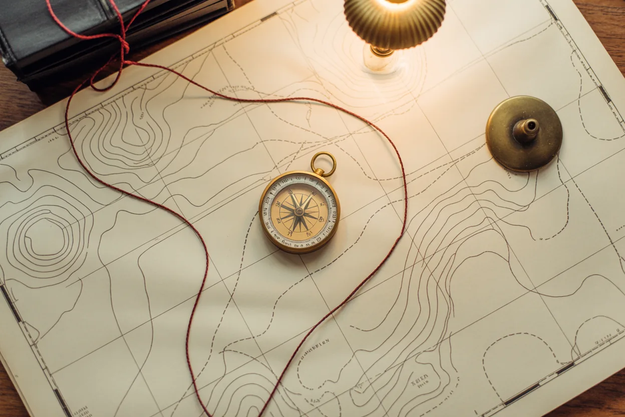Vintage map with brass compass and route lines