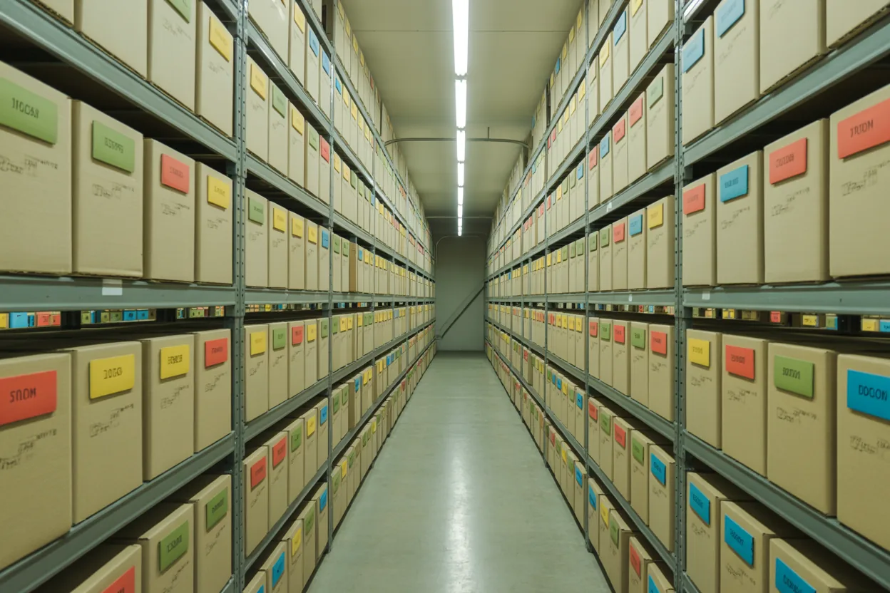 Industrial warehouse shelves with colour-coded boxes