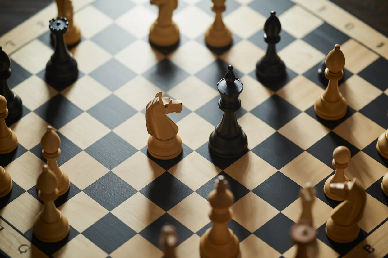 Top-down chess board mid-game