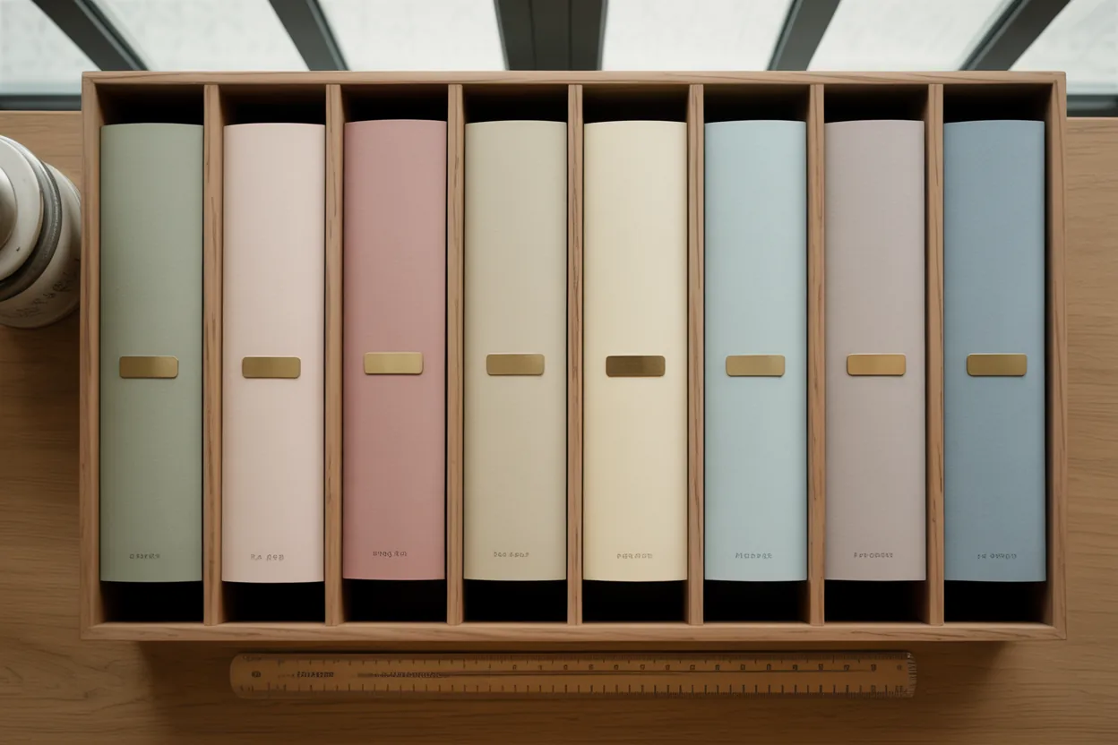 Wooden file organizer with colour-coded folders