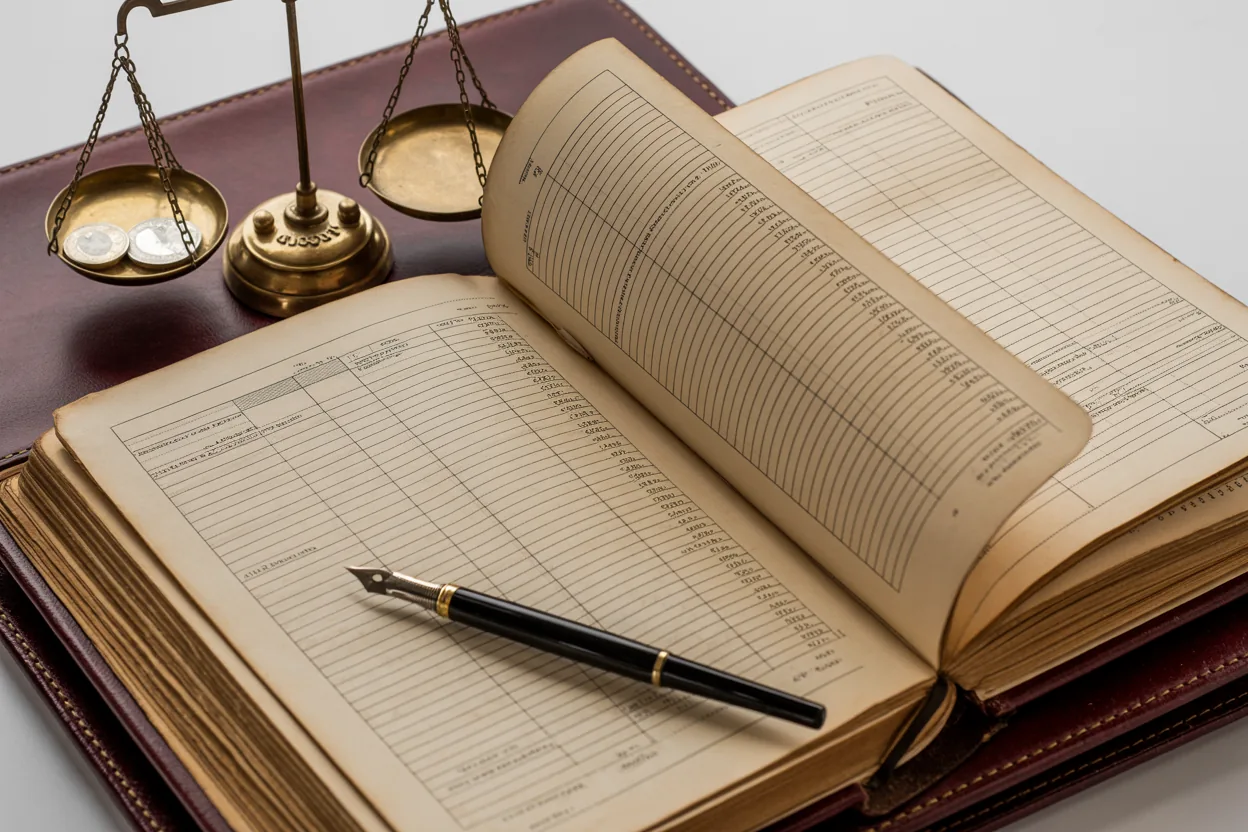 Vintage ledger book with brass scales and fountain pen